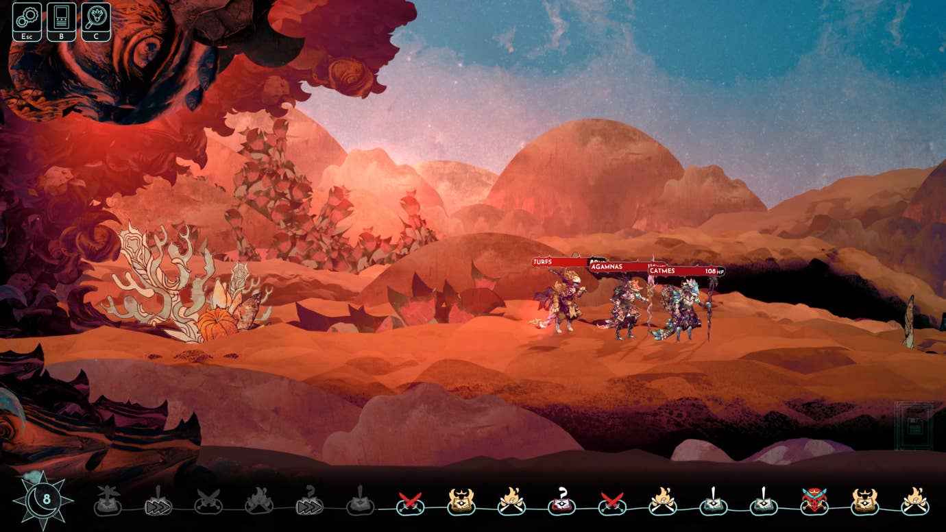 A depleted party of vazzards walks across an autumnal field in Aetheris.